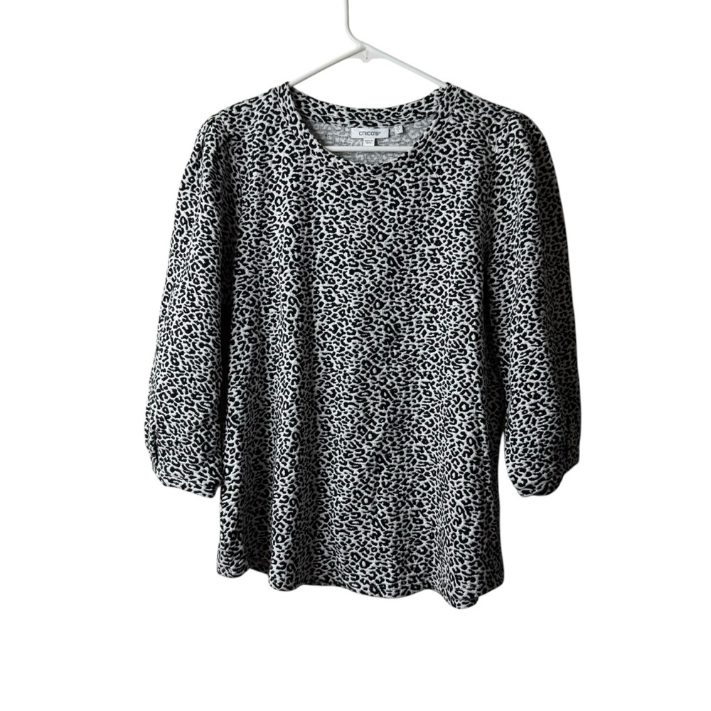 Chicos Black White Animal Print Puff 3/4 Sleeve Pullover Sweater 2